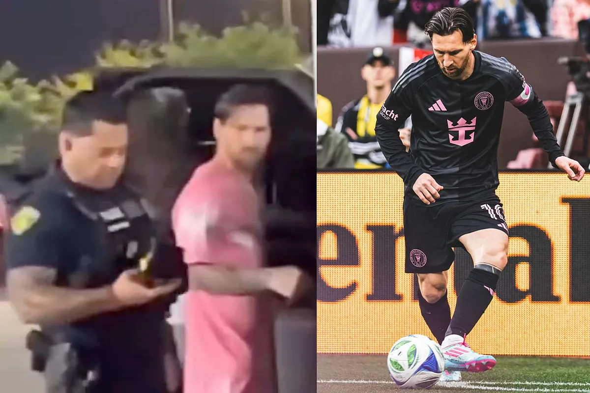 Lionel Messi surpris par l'intervention inattendue de deux policiers juste avant de monter dans son véhicule.