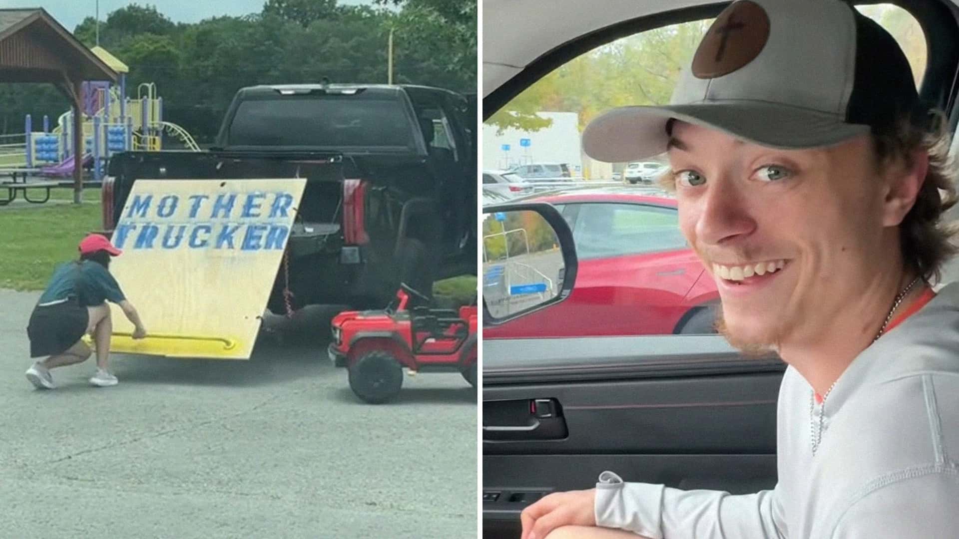 Deux hommes découvrent la méthode astucieuse d'une mère pour charger une voiture miniature dans son camion.