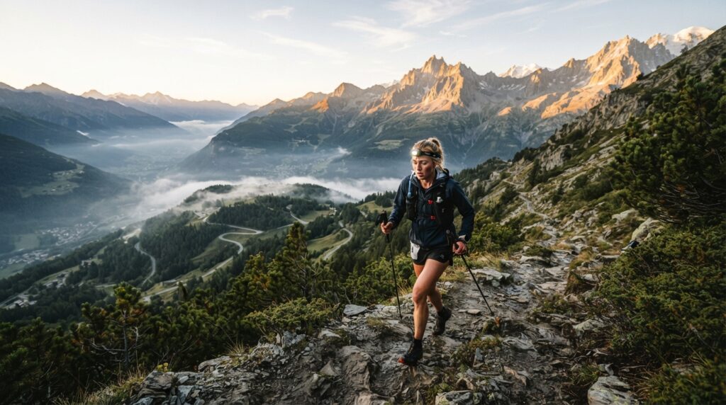 Coureur de trail en montagne au lever du jour dans les Alpes