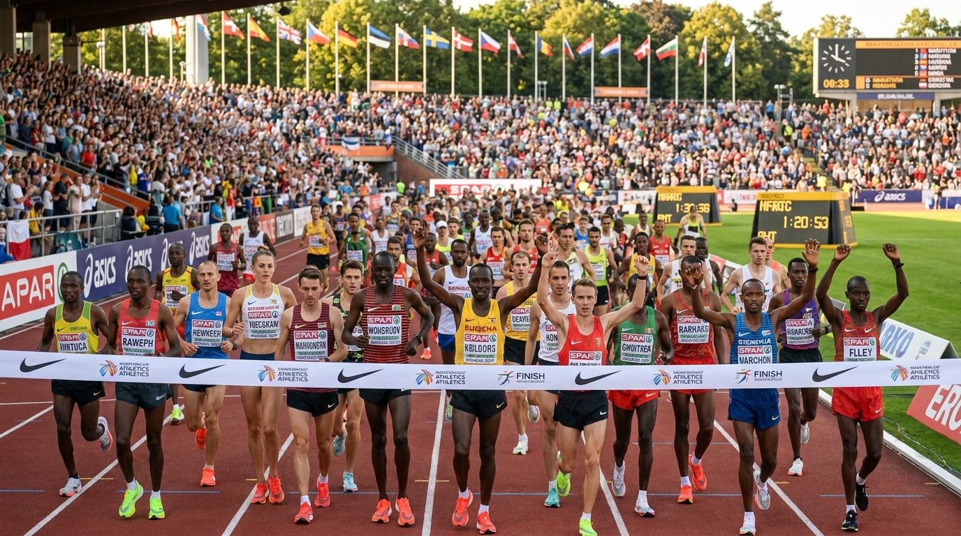 Arrivée de coureurs de marathon lors des Championnats d'Europe d'athlétisme