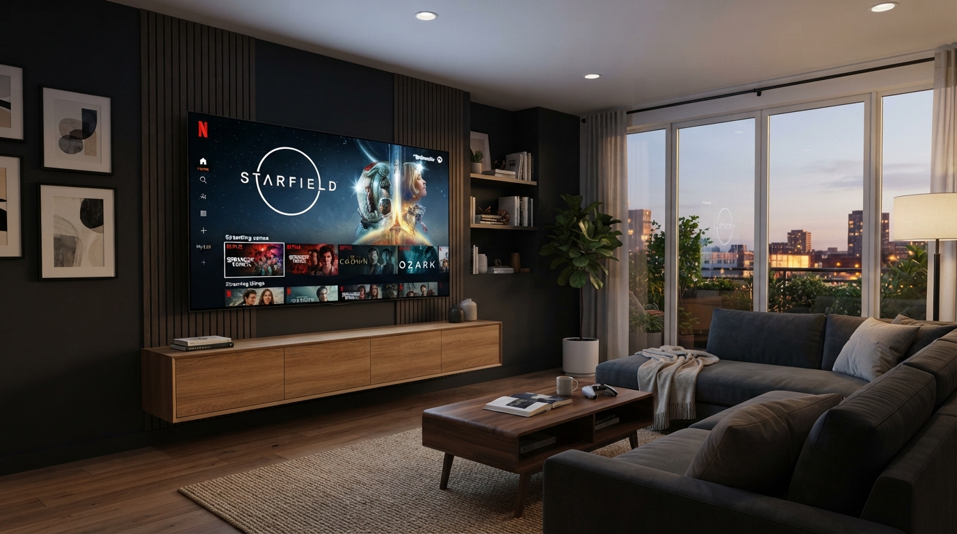Écran de télévision affichant du contenu de jeu vidéo dans un salon moderne