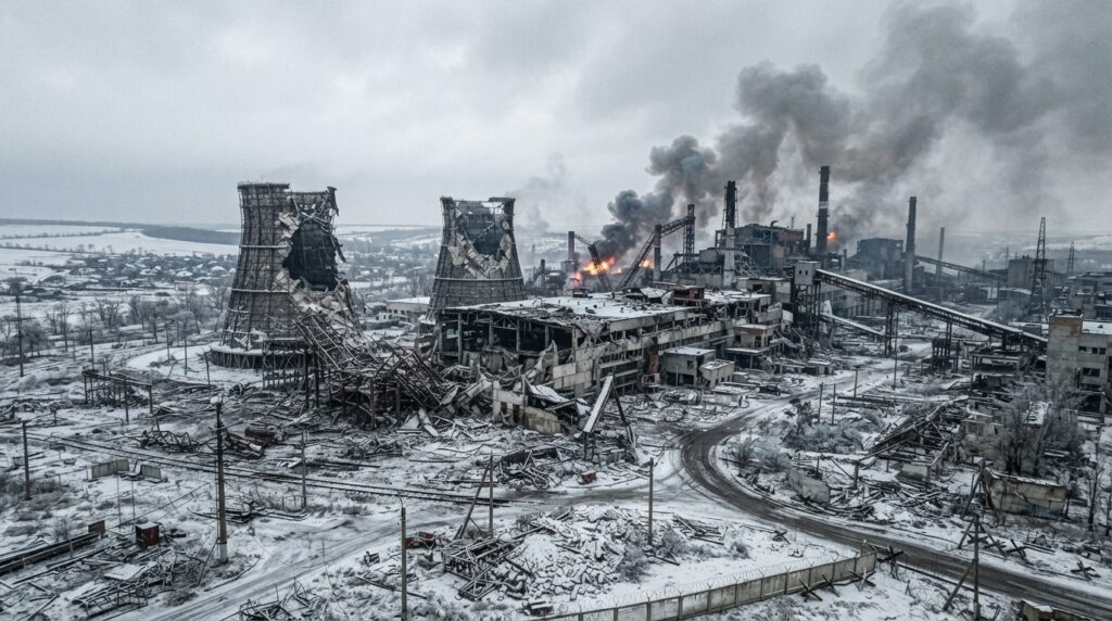 Centrale thermique endommagée avec des tours de refroidissement détruites dans un paysage hivernal