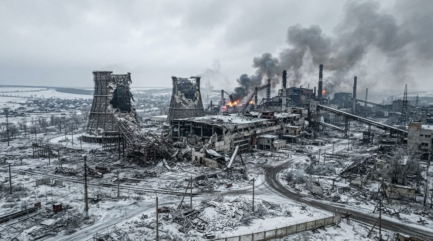 Centrale thermique endommagée avec des tours de refroidissement détruites dans un paysage hivernal