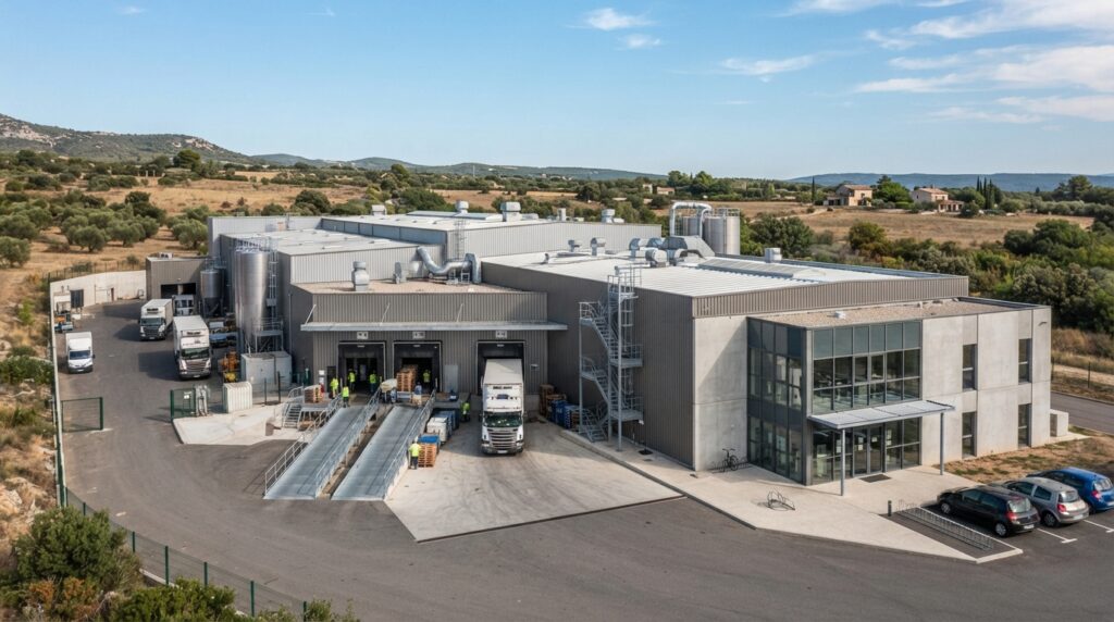 Vue extérieure d'un abattoir industriel dans le sud de la France