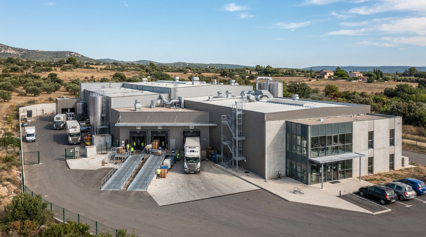Vue extérieure d'un abattoir industriel dans le sud de la France