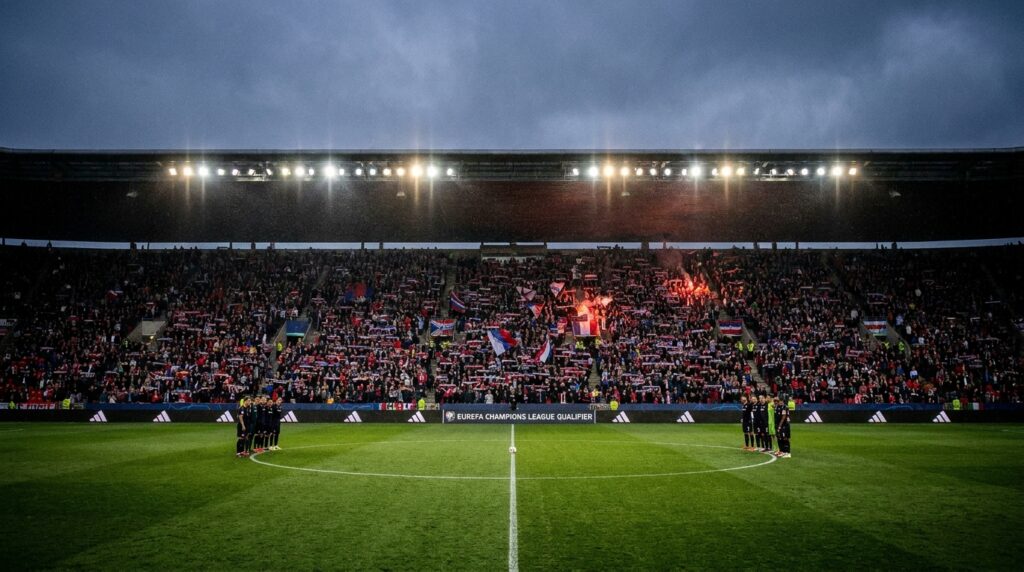 Stade de football illuminé lors d'une soirée européenne de Ligue des Champions