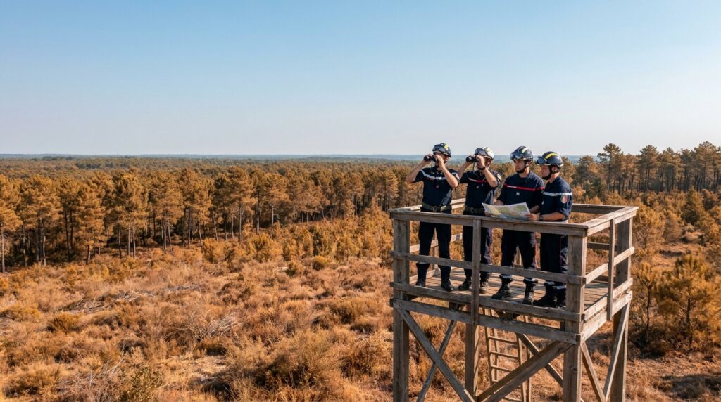 Pompiers surveillant une forêt de pins depuis un poste d'observation en période de canicule