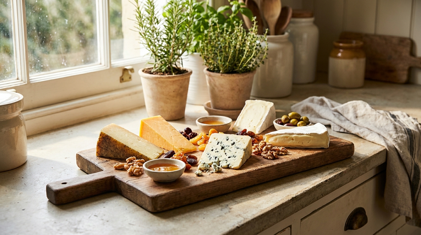 Plateau de fromages variés disposés sur une planche en bois dans une cuisine lumineuse