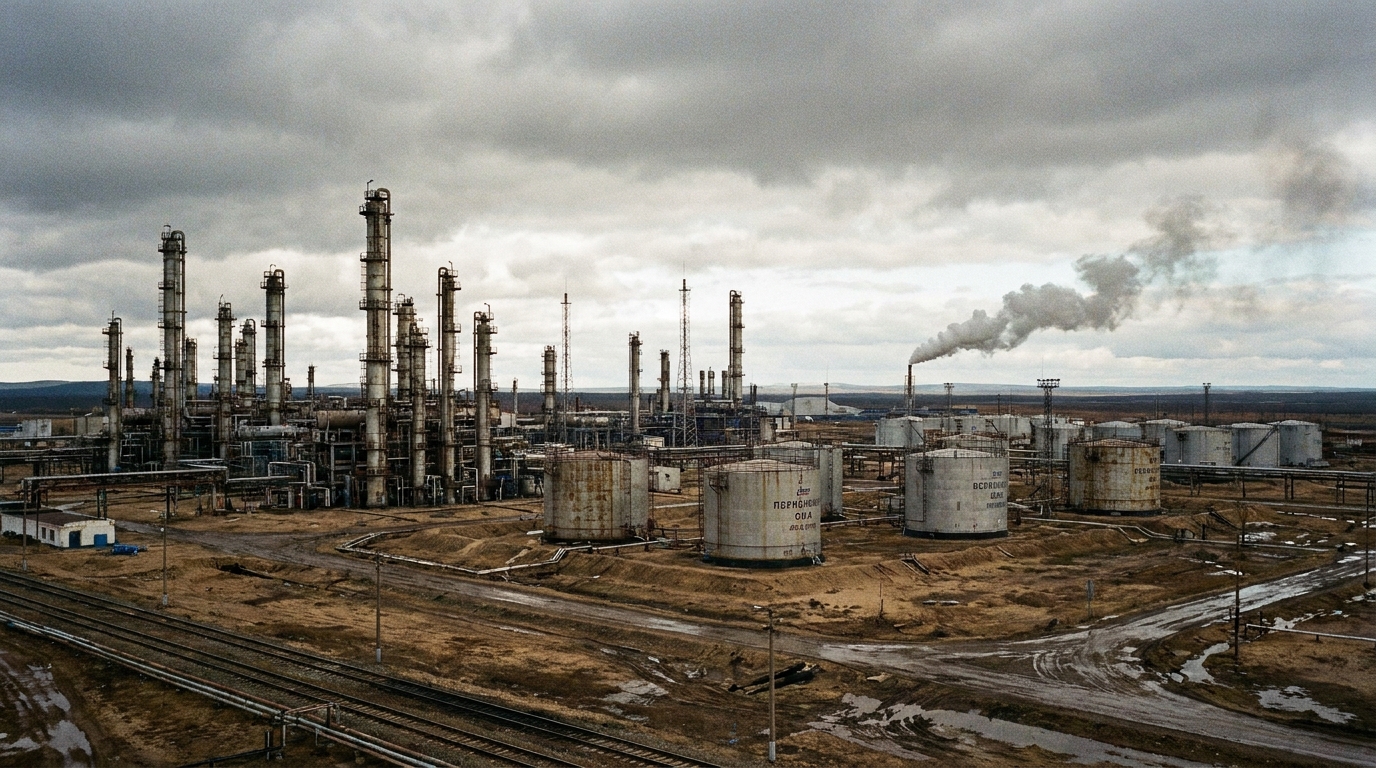 Vue d'une raffinerie pétrolière avec ses installations industrielles