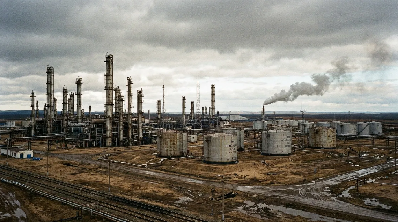 Vue d'une raffinerie pétrolière avec ses installations industrielles