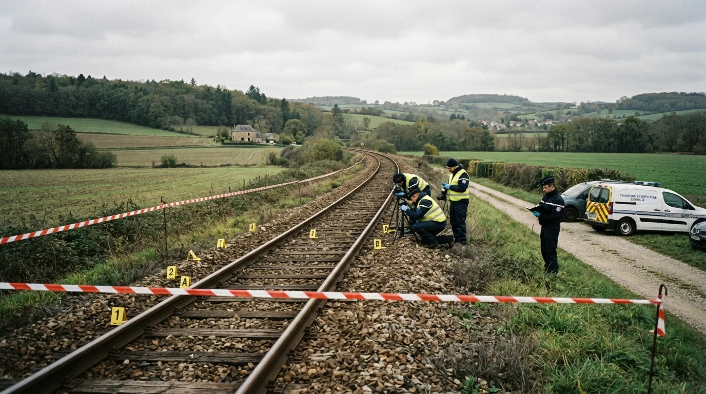 Voie ferrée en milieu rural avec périmètre de sécurité lors d'une enquête technique