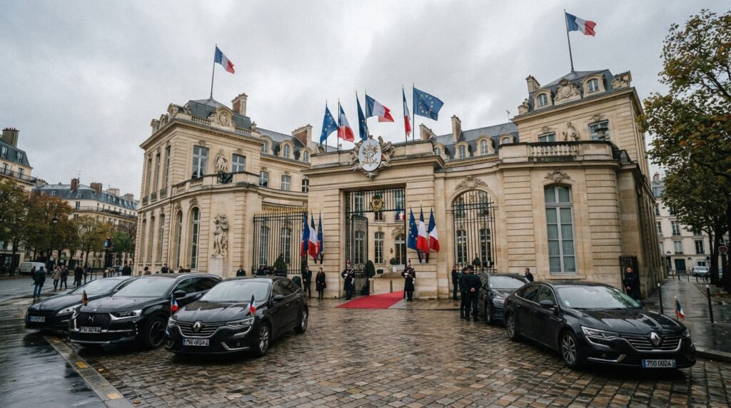 Façade du palais de l'Élysée à Paris avec drapeaux français