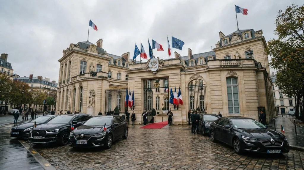 Façade du palais de l'Élysée à Paris avec drapeaux français