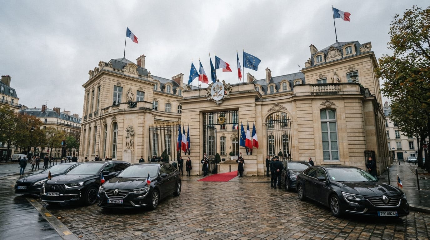 Façade du palais de l'Élysée à Paris avec drapeaux français