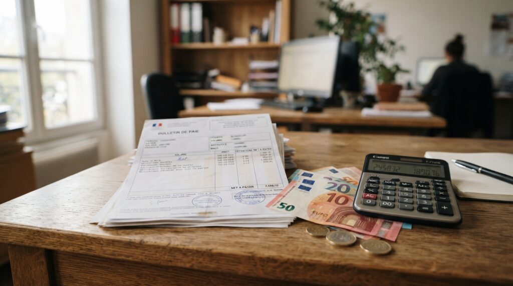 Documents de paie français avec calculatrice et billets en euros sur un bureau
