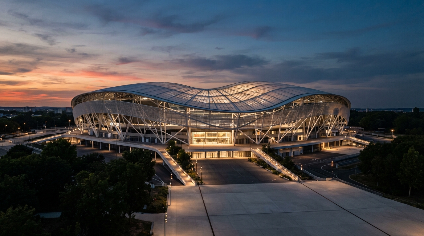Vue extérieure du stade de l'Olympique Lyonnais en fin de journée
