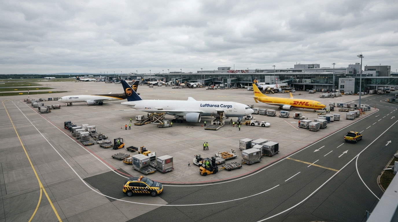 Vue d'un aéroport de fret européen avec avions-cargo et véhicules de sécurité