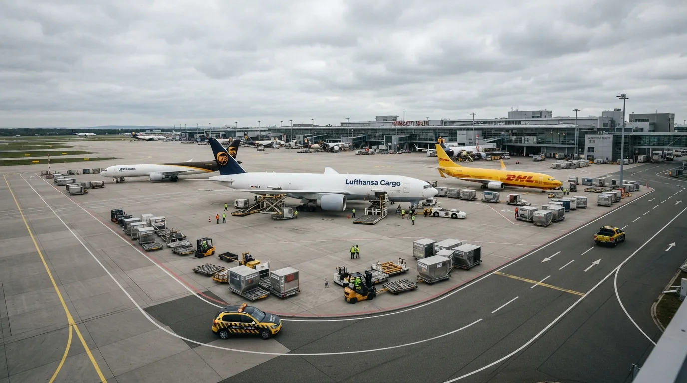 Vue d'un aéroport de fret européen avec avions-cargo et véhicules de sécurité
