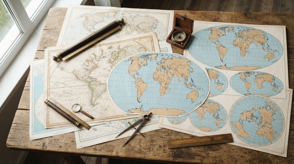 Différentes cartes du monde illustrant diverses projections cartographiques sur un bureau