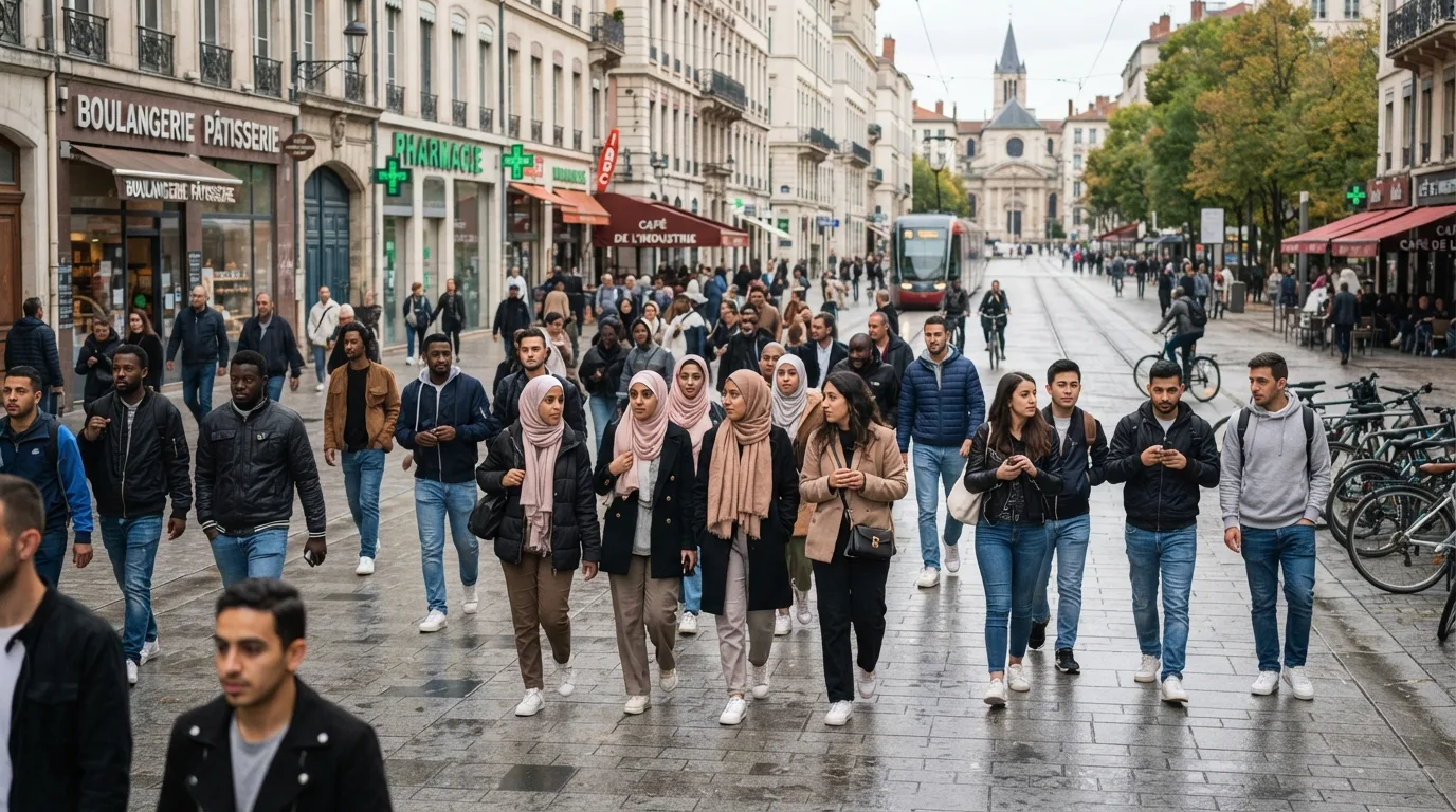 Scène de rue urbaine en France illustrant la diversité de la société française
