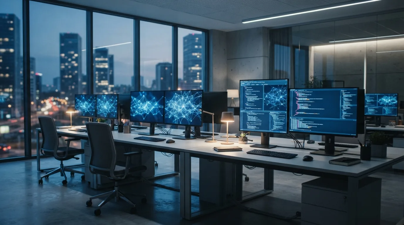 Espace de travail technologique moderne avec écrans affichant des réseaux neuronaux numériques