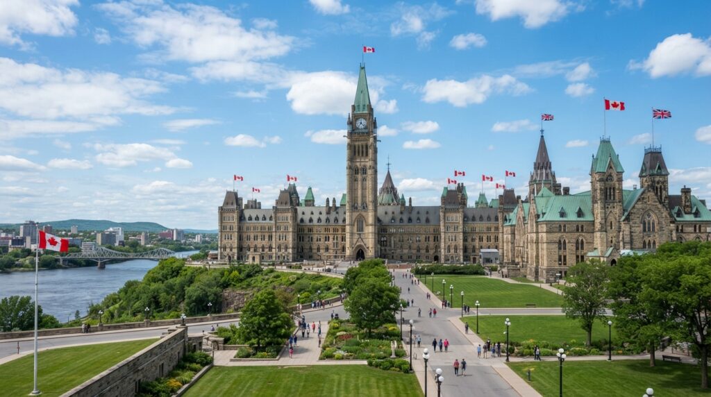 Vue du Parlement canadien à Ottawa avec drapeaux, symbolisant la diplomatie internationale